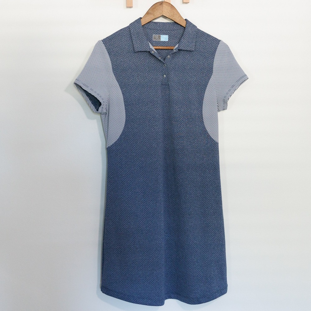 PGA Tour Womens Blue Micro Dot Striped Golf Polo Dress Medium Short Sleeve